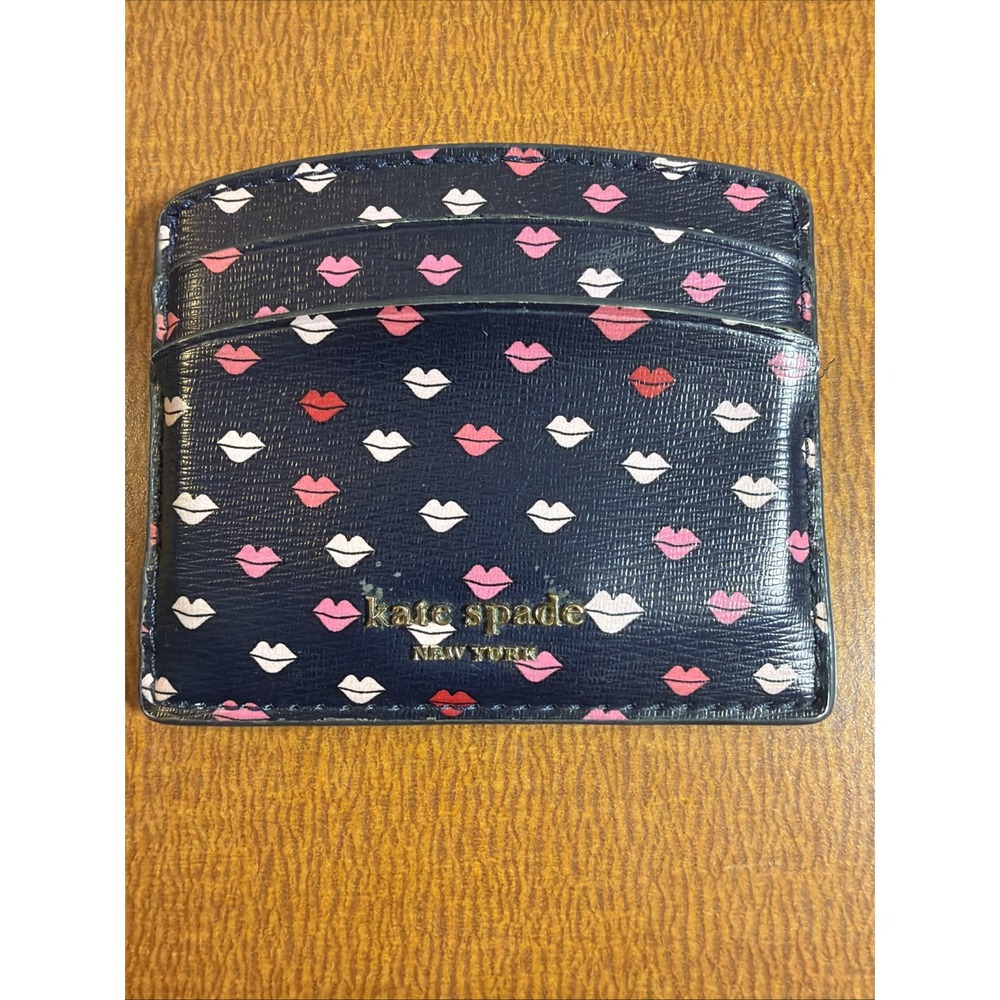 Kate Spade Navy Card Holder with Red and Pink Lips